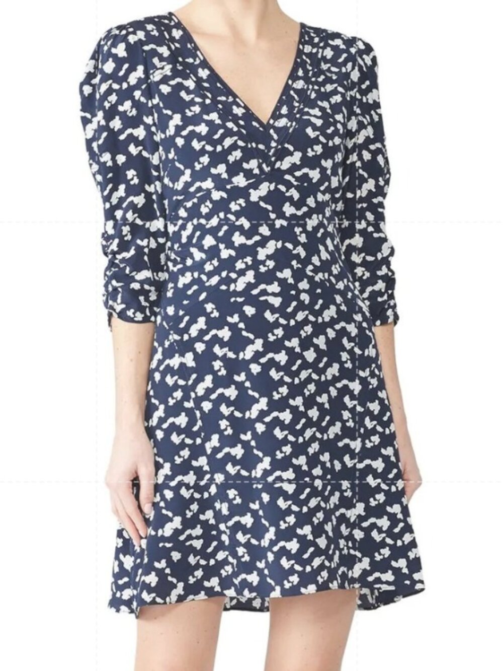 Tanya Taylor Dylan Dress Silk 3/4 Sleeve V-Neck A Line Mini Navy & White 4